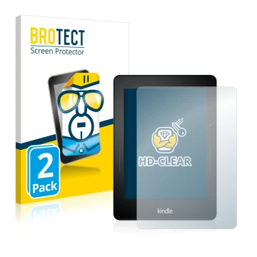 Parte frontal de un envase de producto con el logotipo de la marca BROTECT. Al lado se muestra el dispositivo Amazon Kindle Vo