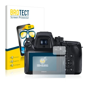Parte frontal de un envase de producto con el logotipo de la marca BROTECT. Al lado se muestra el dispositivo Samsung NX1 con 
