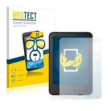 Parte frontal de un envase de producto con el logotipo de la marca BROTECT. Al lado se muestra el dispositivo Tolino Vision 2 