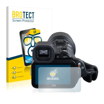 Parte frontal de un envase de producto con el logotipo de la marca BROTECT. Al lado se muestra el dispositivo JVC GC-PX100BEU 