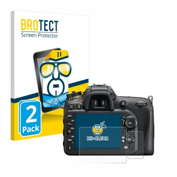 Parte frontal de un envase de producto con el logotipo de la marca BROTECT. Al lado se muestra el dispositivo Nikon D7200 con 