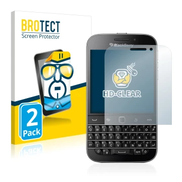 Parte frontal de un envase de producto con el logotipo de la marca BROTECT. Al lado se muestra el dispositivo Blackberry Class