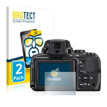 Parte frontal de un envase de producto con el logotipo de la marca BROTECT. Al lado se muestra el dispositivo Nikon Coolpix P9
