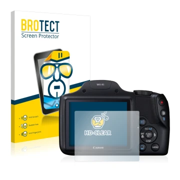 Parte frontal de un envase de producto con el logotipo de la marca BROTECT. Al lado se muestra el dispositivo Canon PowerShot 