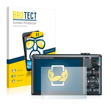 Parte frontal de un envase de producto con el logotipo de la marca BROTECT. Al lado se muestra el dispositivo Canon PowerShot 