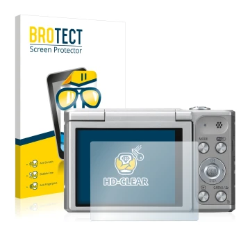 Parte frontal de un envase de producto con el logotipo de la marca BROTECT. Al lado se muestra el dispositivo Panasonic Lumix 