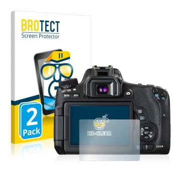 Parte frontal de un envase de producto con el logotipo de la marca BROTECT. Al lado se muestra el dispositivo Canon EOS 760D c