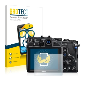 Parte frontal de un envase de producto con el logotipo de la marca BROTECT. Al lado se muestra el dispositivo Nikon Coolpix S7