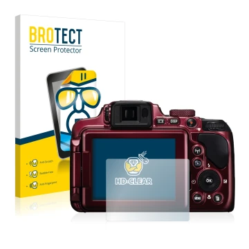 Parte frontal de un envase de producto con el logotipo de la marca BROTECT. Al lado se muestra el dispositivo Nikon Coolpix P6