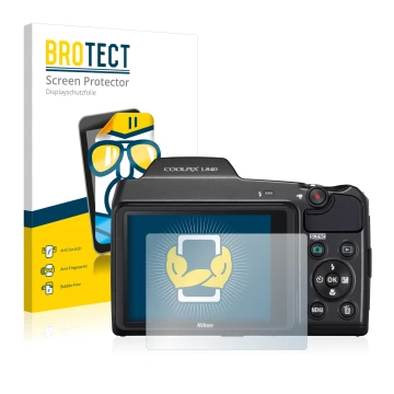 Parte frontal de un envase de producto con el logotipo de la marca BROTECT. Al lado se muestra el dispositivo Nikon Coolpix L8
