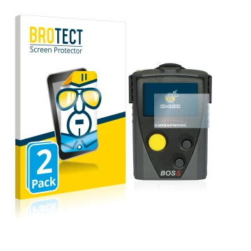 Parte frontal de un envase de producto con el logotipo de la marca BROTECT. Al lado se muestra el dispositivo Swissphone Boss 