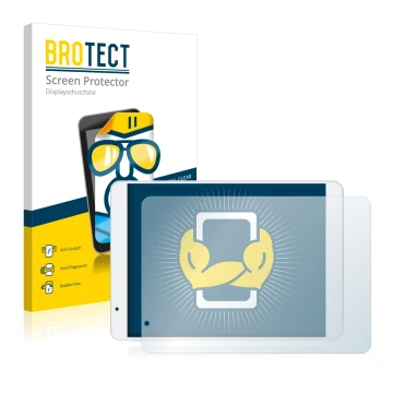 Parte frontal de un envase de producto con el logotipo de la marca BROTECT. Al lado se muestra el dispositivo Teclast X89HD co