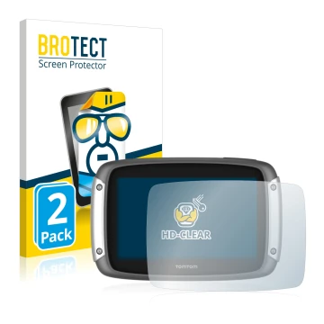 Parte frontal de un envase de producto con el logotipo de la marca BROTECT. Al lado se muestra el dispositivo TomTom Rider 400