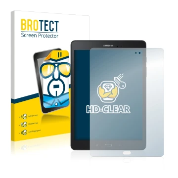 Parte frontal de un envase de producto con el logotipo de la marca BROTECT. Al lado se muestra el dispositivo Samsung Galaxy T