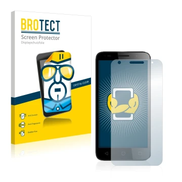 Parte frontal de un envase de producto con el logotipo de la marca BROTECT. Al lado se muestra el dispositivo Alcatel Pixi 3 (