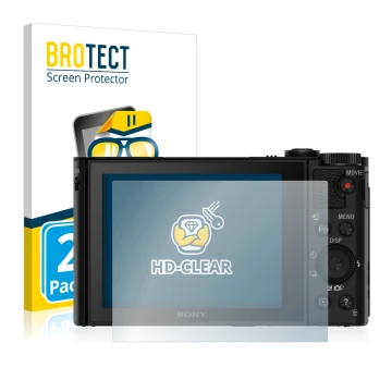 Parte frontal de un envase de producto con el logotipo de la marca BROTECT. Al lado se muestra el dispositivo Sony Cyber-Shot 