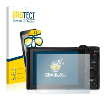 Parte frontal de un envase de producto con el logotipo de la marca BROTECT. Al lado se muestra el dispositivo Sony Cyber-Shot 