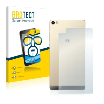 Parte frontal de un envase de producto con el logotipo de la marca BROTECT. Al lado se muestra el dispositivo Huawei P8 Max (T