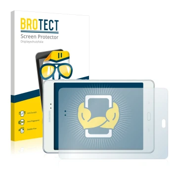 Parte frontal de un envase de producto con el logotipo de la marca BROTECT. Al lado se muestra el dispositivo Samsung Galaxy T