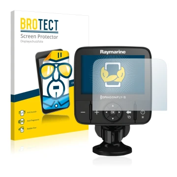 Parte frontal de un envase de producto con el logotipo de la marca BROTECT. Al lado se muestra el dispositivo Raymarine Dragon