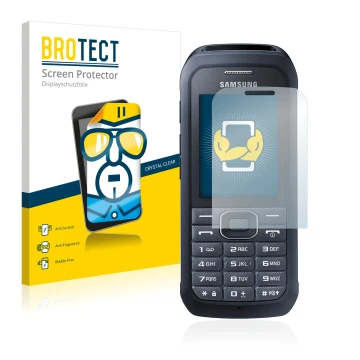 Parte frontal de un envase de producto con el logotipo de la marca BROTECT. Al lado se muestra el dispositivo Samsung Xcover 5