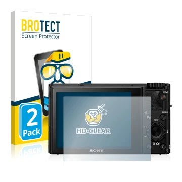 Parte frontal de un envase de producto con el logotipo de la marca BROTECT. Al lado se muestra el dispositivo Sony Cyber-Shot 