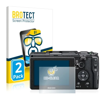 Parte frontal de un envase de producto con el logotipo de la marca BROTECT. Al lado se muestra el dispositivo Ricoh GR II 2015