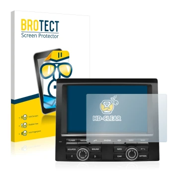 Parte frontal de un envase de producto con el logotipo de la marca BROTECT. Al lado se muestra el dispositivo Porsche PCM Maca