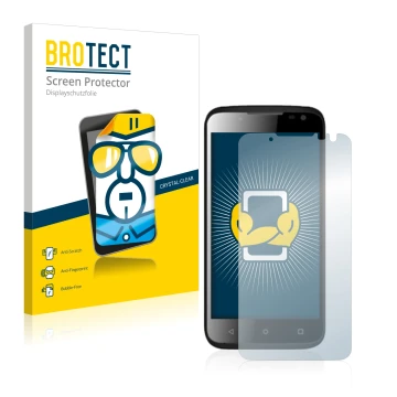Parte frontal de un envase de producto con el logotipo de la marca BROTECT. Al lado se muestra el dispositivo Yezz Andy 4.5EL 