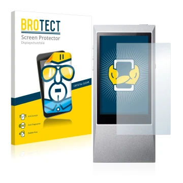 Parte frontal de un envase de producto con el logotipo de la marca BROTECT. Al lado se muestra el dispositivo Astell&Kern AK J