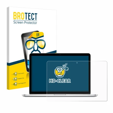 Parte frontal de un envase de producto con el logotipo de la marca BROTECT. Al lado se muestra el dispositivo Apple MacBook Re