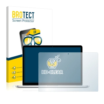 Parte frontal de un envase de producto con el logotipo de la marca BROTECT. Al lado se muestra el dispositivo Apple MacBook Pr