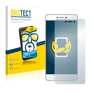 Parte frontal de un envase de producto con el logotipo de la marca BROTECT. Al lado se muestra el dispositivo Gionee F103 con 