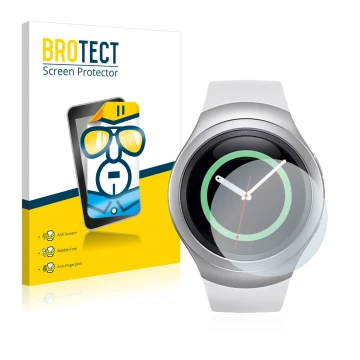 Parte frontal de un envase de producto con el logotipo de la marca BROTECT. Al lado se muestra el dispositivo Samsung Gear S2 