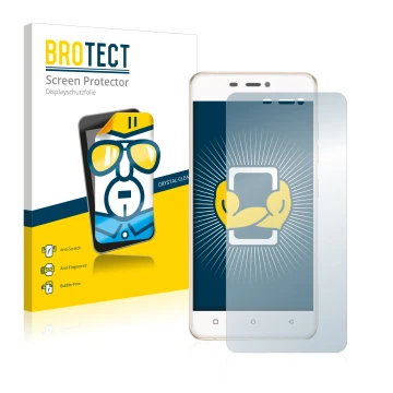 Parte frontal de un envase de producto con el logotipo de la marca BROTECT. Al lado se muestra el dispositivo Gionee Elife S5.