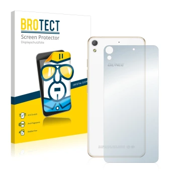 Parte frontal de un envase de producto con el logotipo de la marca BROTECT. Al lado se muestra el dispositivo Gionee Elife S5.
