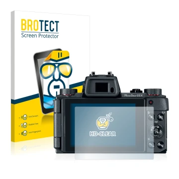 Parte frontal de un envase de producto con el logotipo de la marca BROTECT. Al lado se muestra el dispositivo Canon PowerShot 