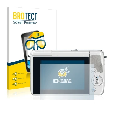 Parte frontal de un envase de producto con el logotipo de la marca BROTECT. Al lado se muestra el dispositivo Canon EOS M10 co