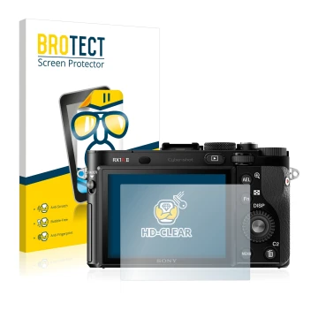 Parte frontal de un envase de producto con el logotipo de la marca BROTECT. Al lado se muestra el dispositivo Sony Cyber-Shot 