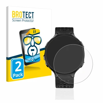 Parte frontal de un envase de producto con el logotipo de la marca BROTECT. Al lado se muestra el dispositivo Garmin Forerunne