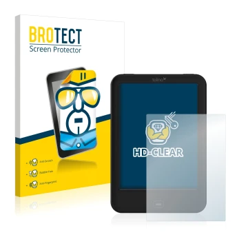 Parte frontal de un envase de producto con el logotipo de la marca BROTECT. Al lado se muestra el dispositivo Tolino Shine 2 H