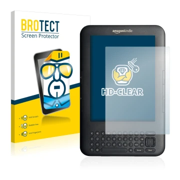 Parte frontal de un envase de producto con el logotipo de la marca BROTECT. Al lado se muestra el dispositivo Amazon Kindle 3 