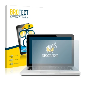 Parte frontal de un envase de producto con el logotipo de la marca BROTECT. Al lado se muestra el dispositivo Apple MacBook Pr