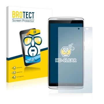 Parte frontal de un envase de producto con el logotipo de la marca BROTECT. Al lado se muestra el dispositivo Lenovo Vibe X3 (