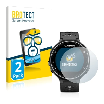 Parte frontal de un envase de producto con el logotipo de la marca BROTECT. Al lado se muestra el dispositivo Garmin Forerunne