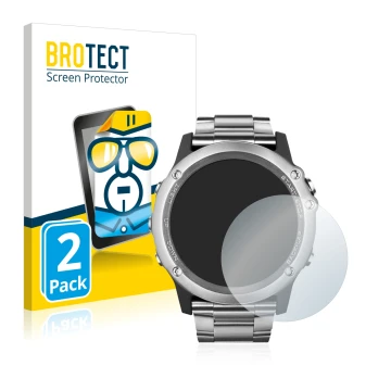 Parte frontal de un envase de producto con el logotipo de la marca BROTECT. Al lado se muestra el dispositivo Garmin Fenix 3 S