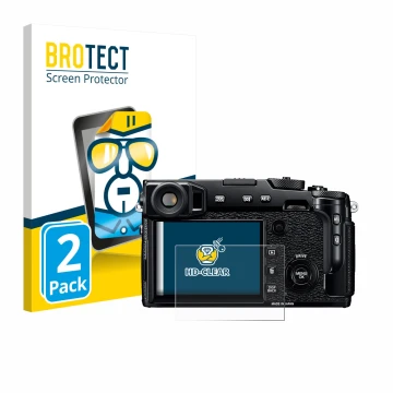 Parte frontal de un envase de producto con el logotipo de la marca BROTECT. Al lado se muestra el dispositivo Fujifilm X-Pro2 