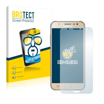 Parte frontal de un envase de producto con el logotipo de la marca BROTECT. Al lado se muestra el dispositivo Samsung Galaxy J