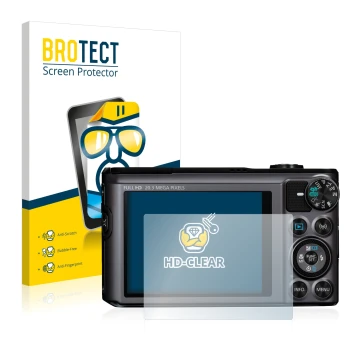 Parte frontal de un envase de producto con el logotipo de la marca BROTECT. Al lado se muestra el dispositivo Canon PowerShot 