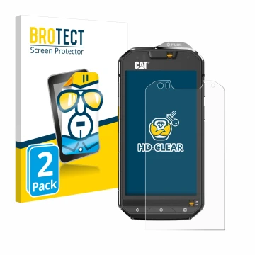 Parte frontal de un envase de producto con el logotipo de la marca BROTECT. Al lado se muestra el dispositivo Caterpillar Cat 